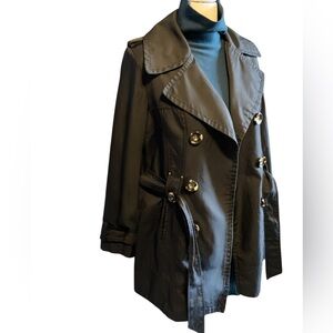 Jones New York Sport Hip Length Black Trenchcoat with Tortoiseshell Buttons M